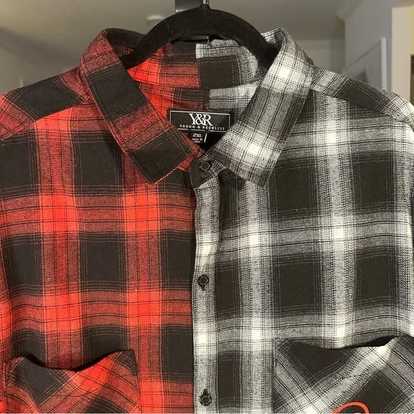 Young & Reckless Mixed Plaid Button-Up Flannel in Red/Black/White - Picture 3 of 9